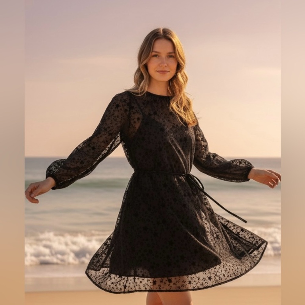 LOFT. NWOT. Black Loose Fit & Flare Dress. Lace Over Lining. Med. $20.